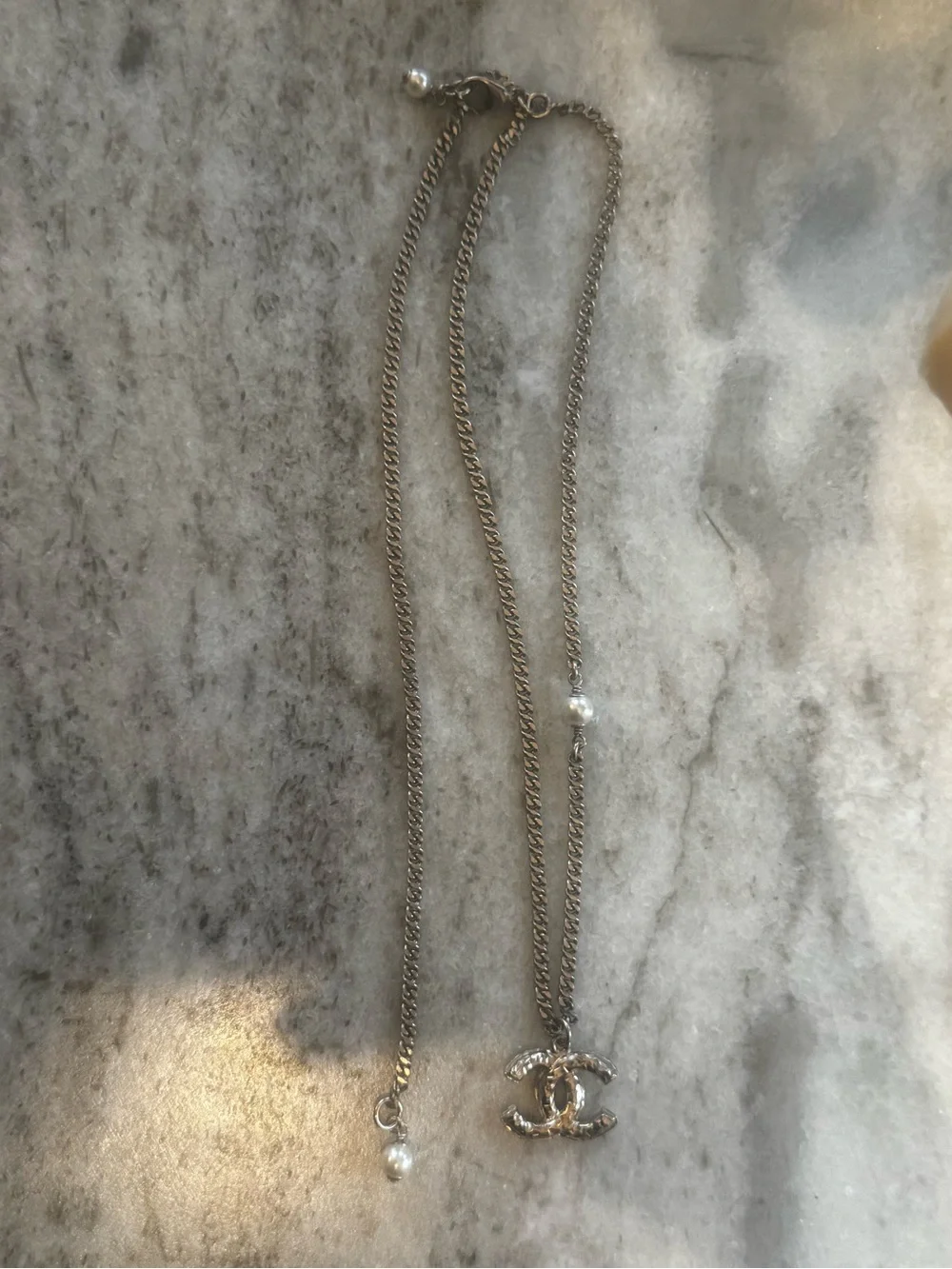 CHANEL Gold CC Logo Chain Necklace with Pearl Accent-21A